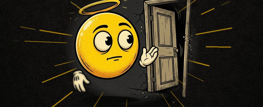 A yellow smiley with a halo peeking nervously through a door that has just opened